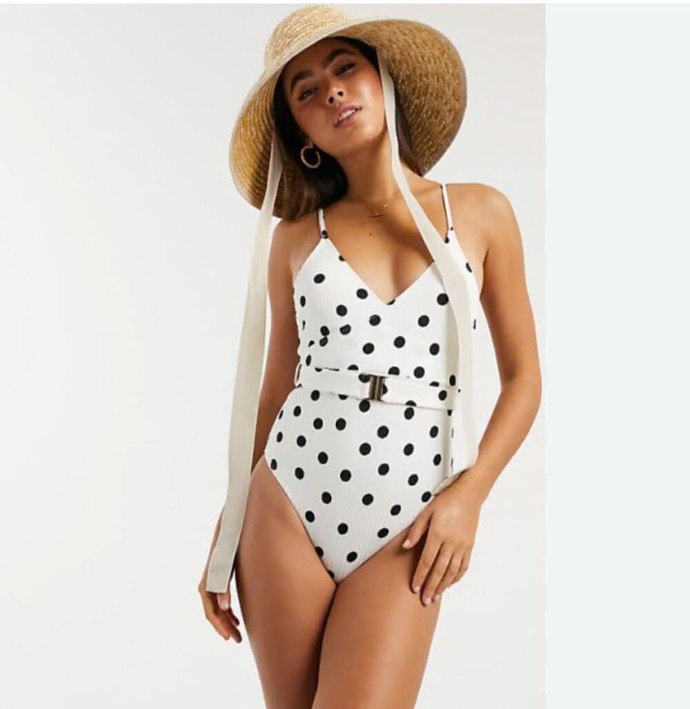 NWOT Accessorize black and white polka dot belted one piece swimsuit - 8